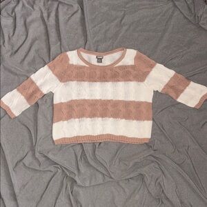 Neiman Marcus Tan and Cream Striped Cable Knit Half Sleeve Sweater